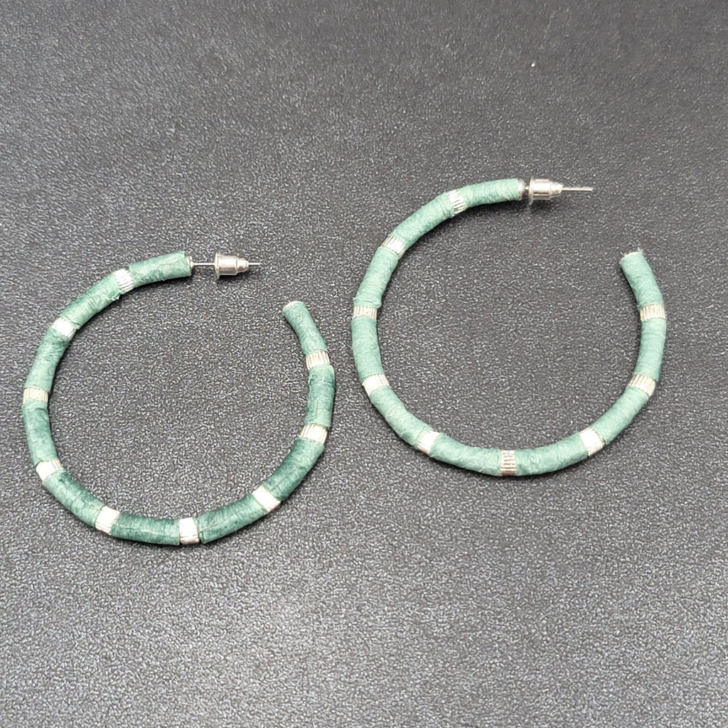 Pierced Earrings Blue Teal Raffia Wrapped Silver tone Drop Hoops 1 7/8"