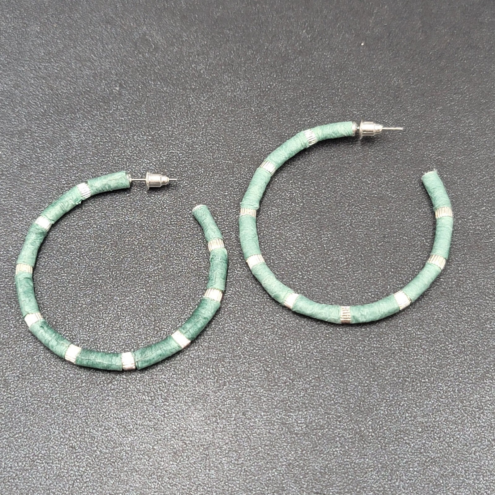 Pierced Earrings Blue Teal Raffia Wrapped Silver tone Drop Hoops 1 7/8"