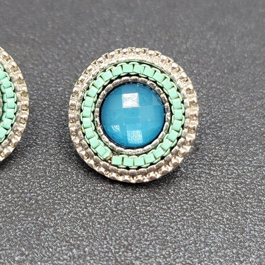 Pierced Earrings Silver tone Faceted Blue Round Studs 5/8"