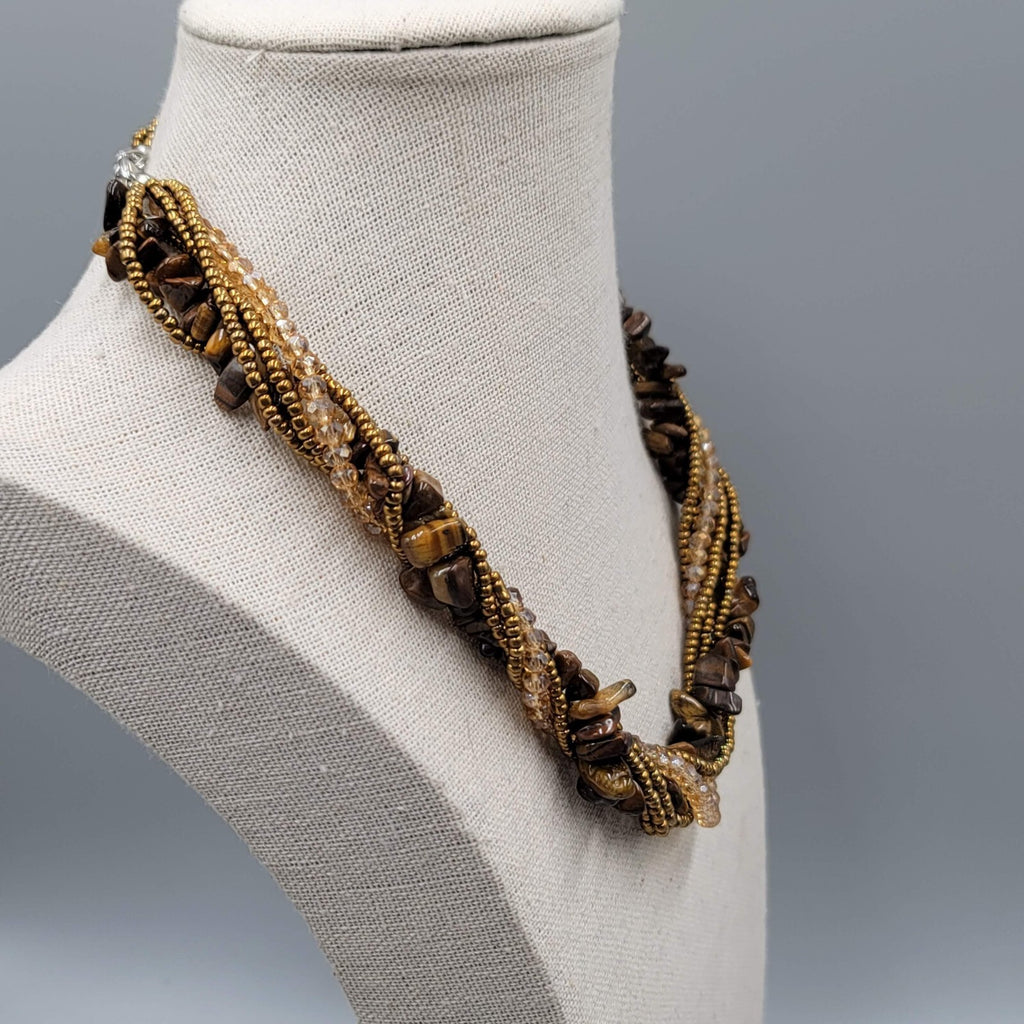 Multi Strand Bead Twist Necklace Tigers Eye Crystal 6 Strands 18"-20"