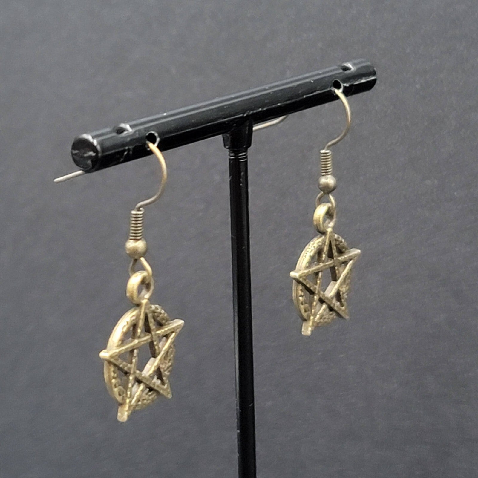 New Pentacle Pierced Earrings Star in Circle Bronze tone Dangle 3/4"