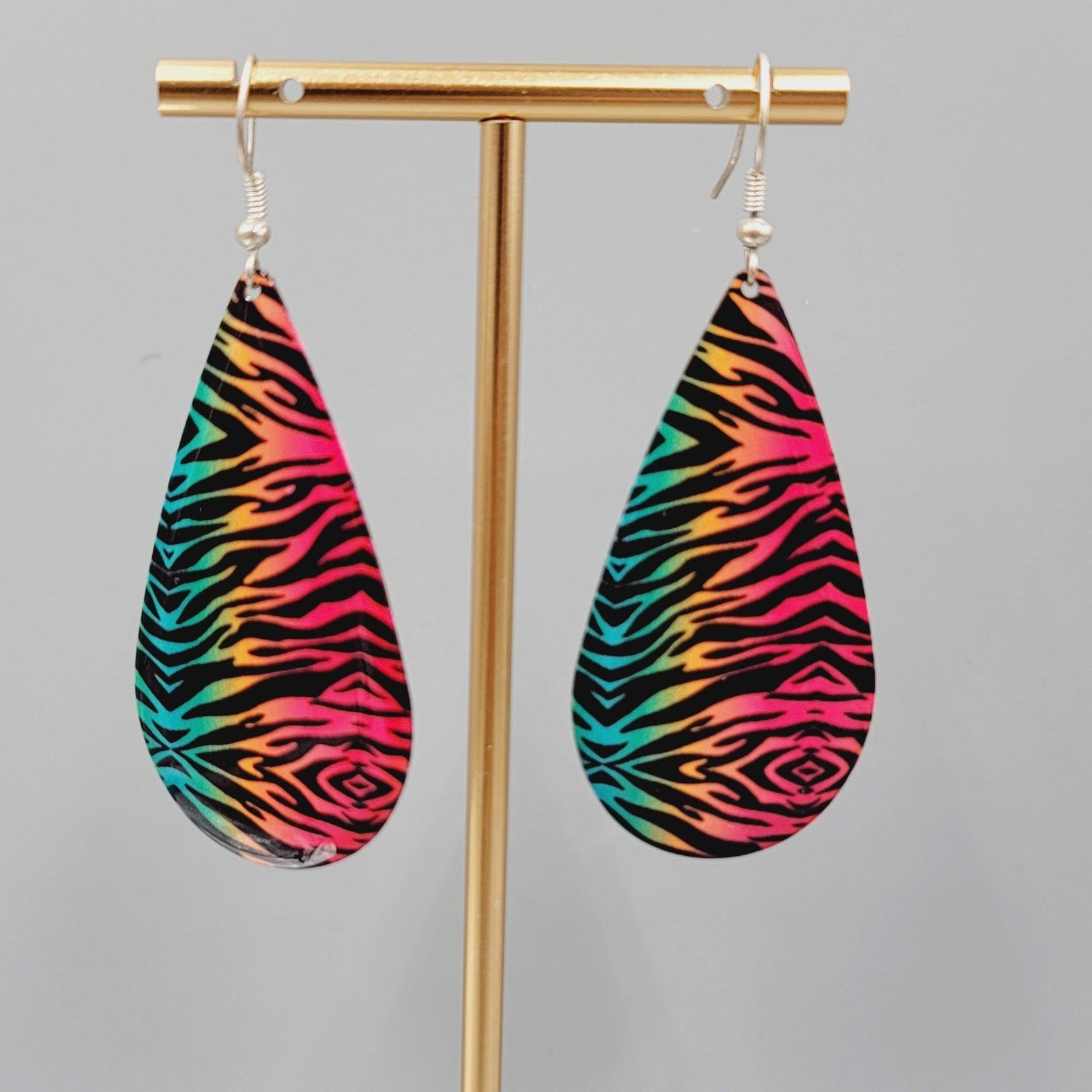 Statement Large Teardrop Pierced Earrings Multicolor Tiger Stripes 2.25"
