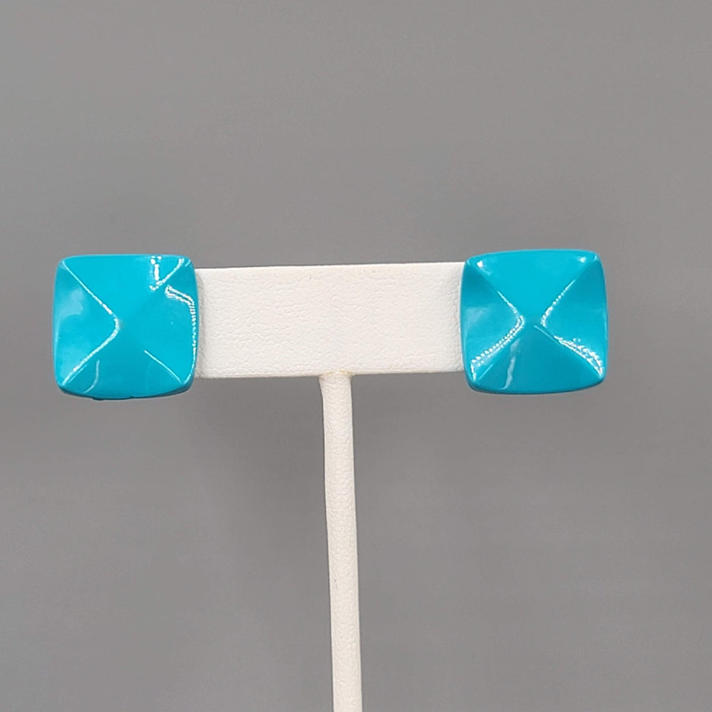 Vintage Blue Beveled Square Pierced Earrings 3/4"