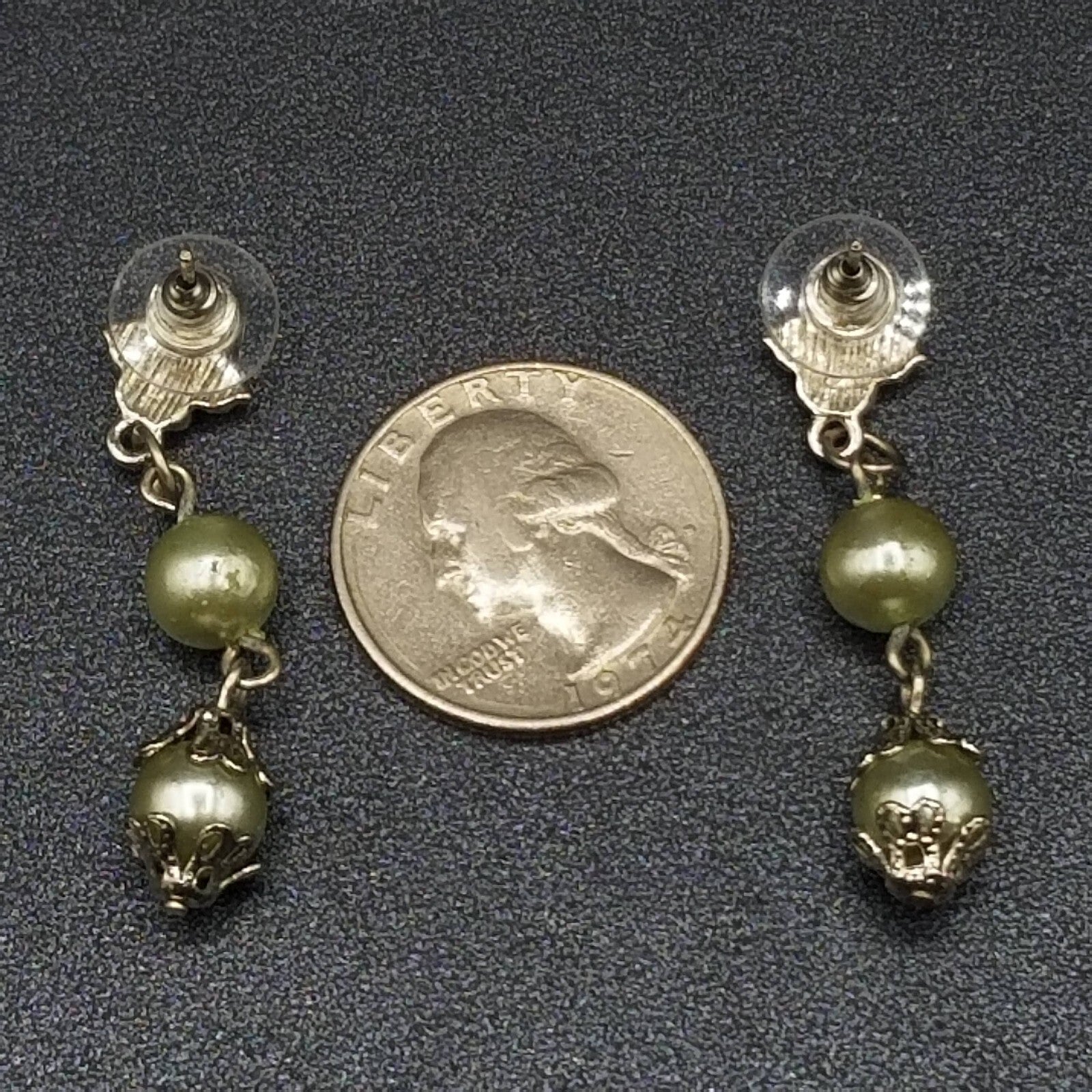 AVON Pierced Earrings Silver tone Capped Green Bead Dangle 1.75"