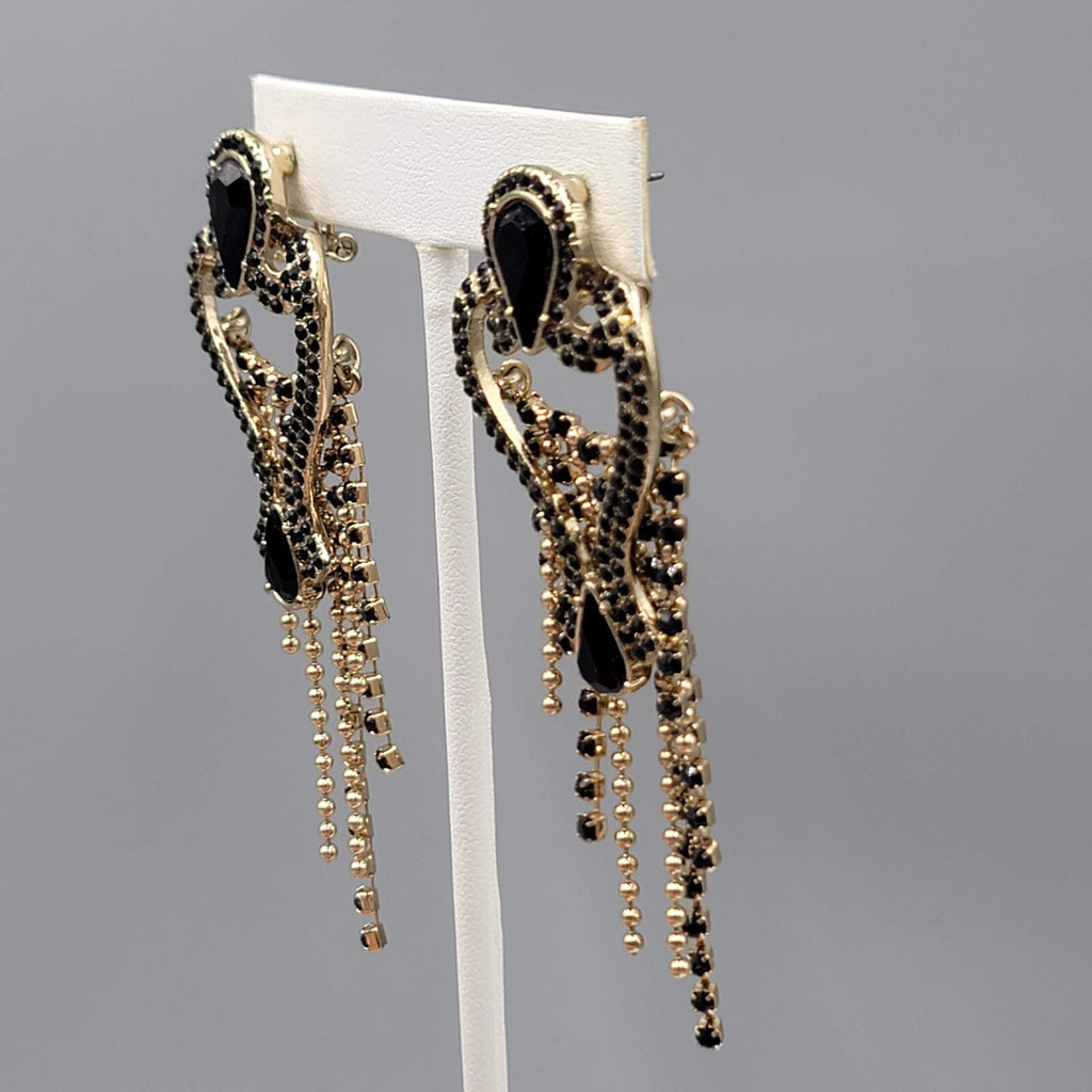 Statement Pierced Earrings Gold tone Black Rhinestone Chandelier Long 3.25"
