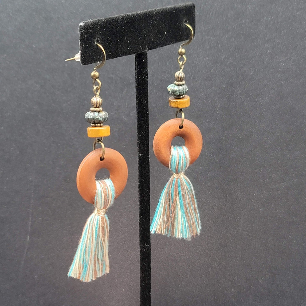 New Boho Pierced Earrings Wood Ring Blue White Tassel Beaded Dangle 2.75"