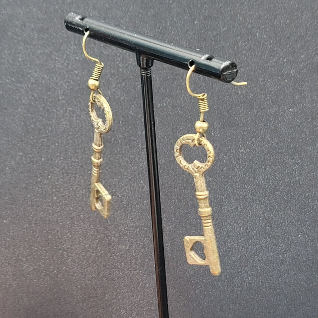 New Heart Skeleton Key Pierced Earrings Bronze tone Dangle 1 3/8"