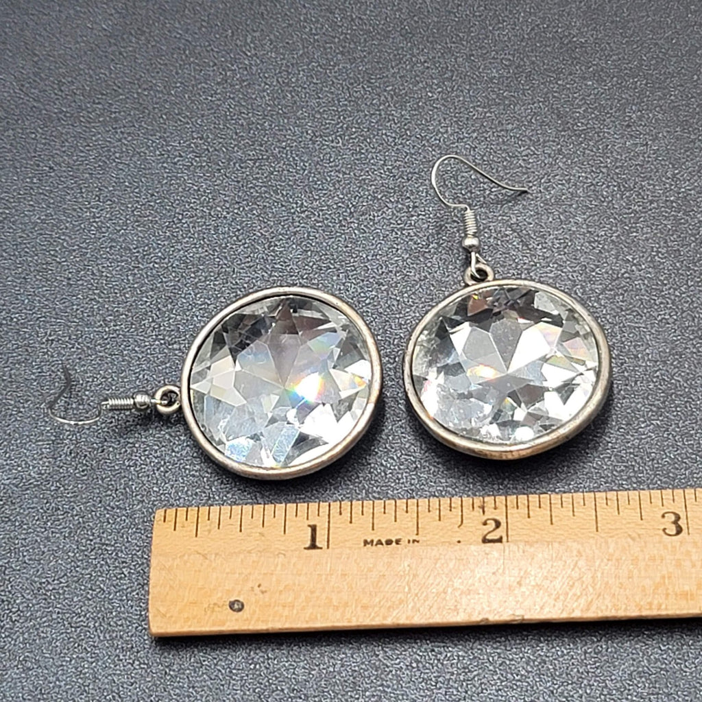 Pierced Earrings Silver tone Faceted Glass Extra Sparkly Dangle 1.25"