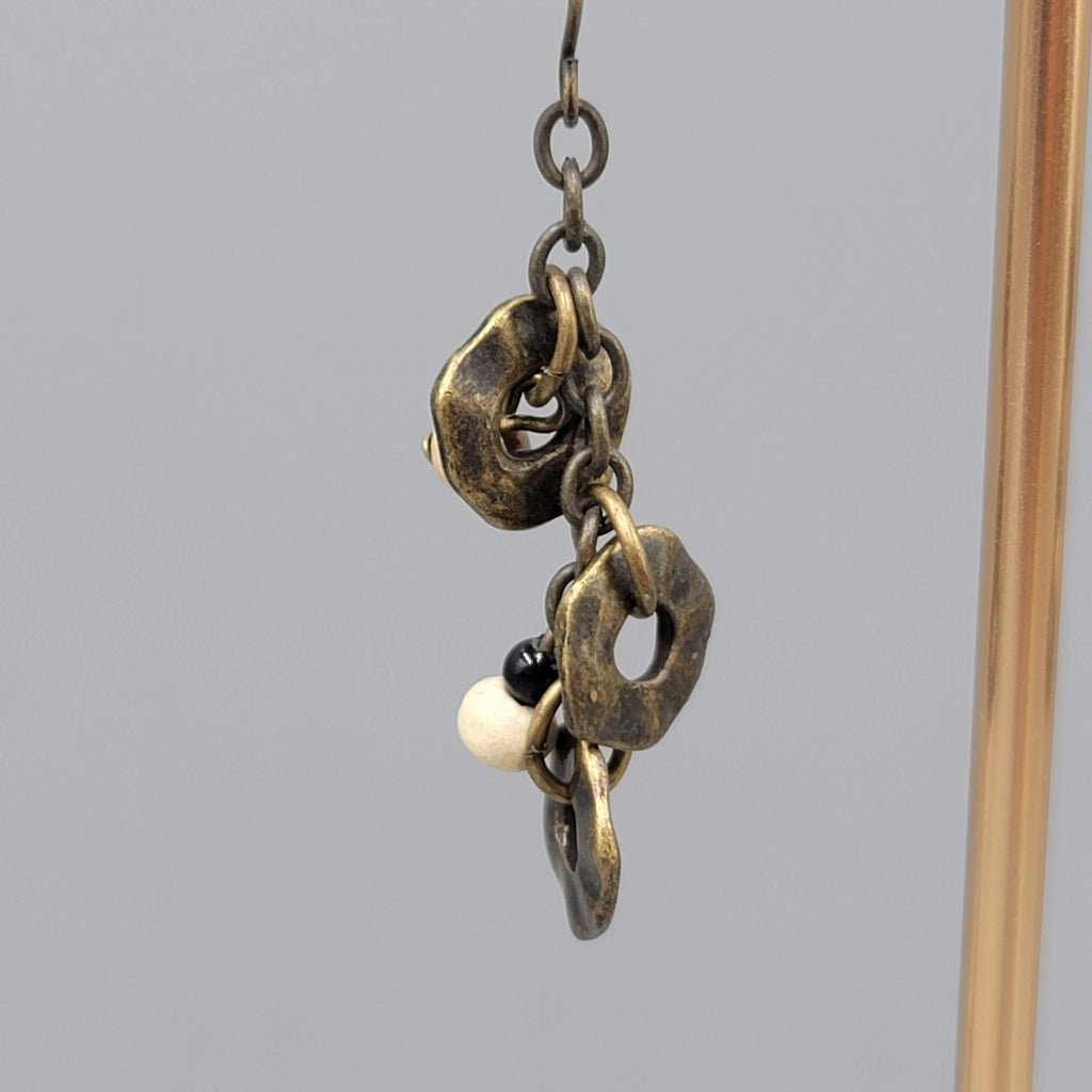Circles Wood Bead Pierced Earrings Bronze tone Dangle 1.5 in