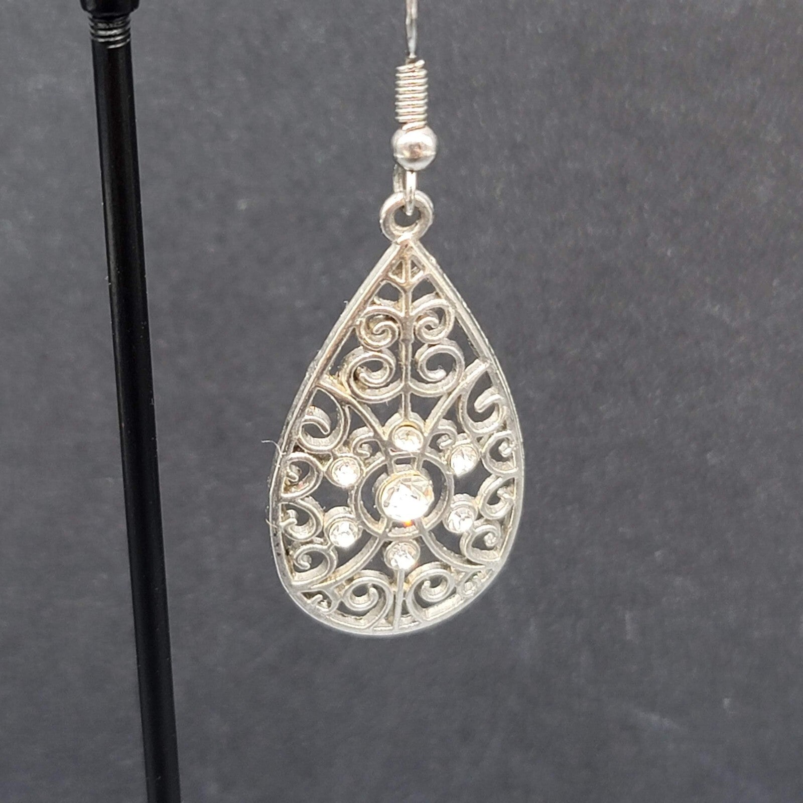 Pierced Earrings Silver tone Rhinestone Open Work Teardrop Dangle 1.25"