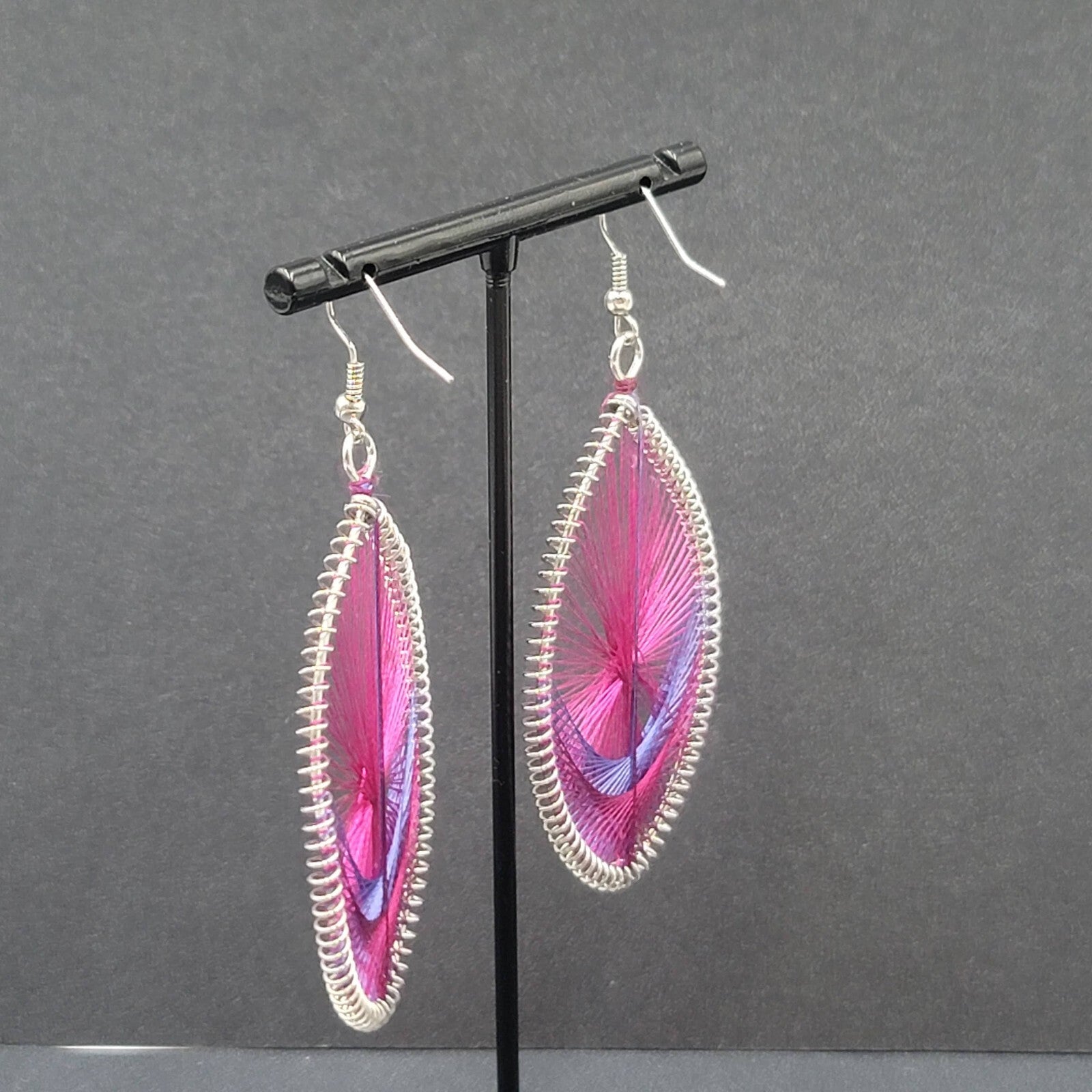 Pierced Earrings Silver tone Pink Purple String Art Dangle 2.5"