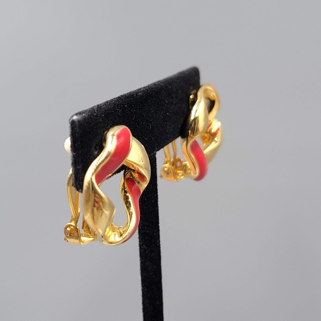 Vintage Clip on Earrings Red Enamel Gold tone Open Center 7/8"