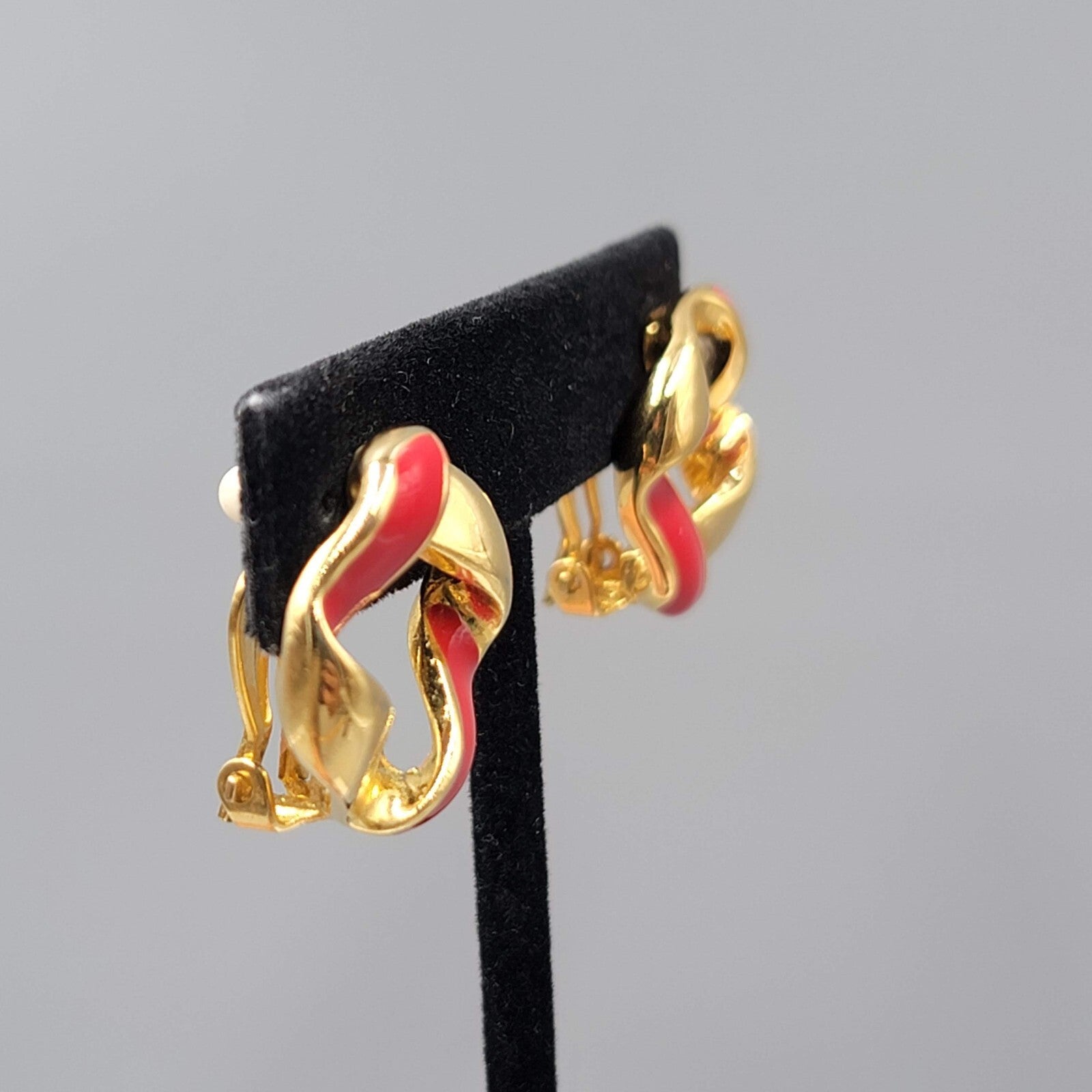 Vintage Clip on Earrings Red Enamel Gold tone Open Center 7/8"