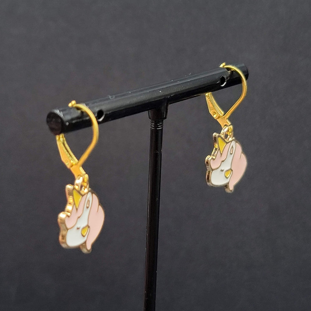 New Unicorn Pierced Earrings Gold tone Pink Enamel Dangle 5/8"