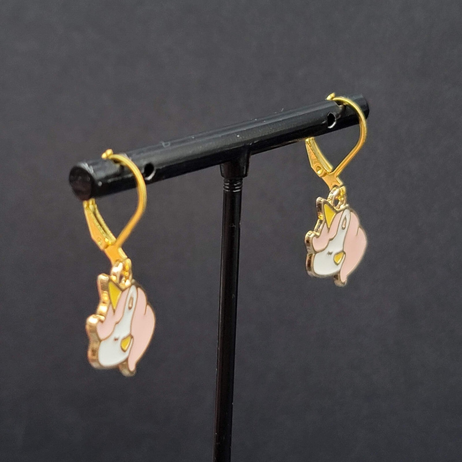 New Unicorn Pierced Earrings Gold tone Pink Enamel Dangle 5/8"
