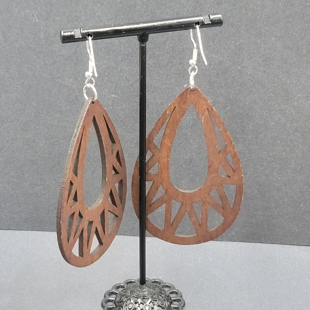 Boho Wood Pierced Earrings Laser Cut Open Teardrop 2.5"