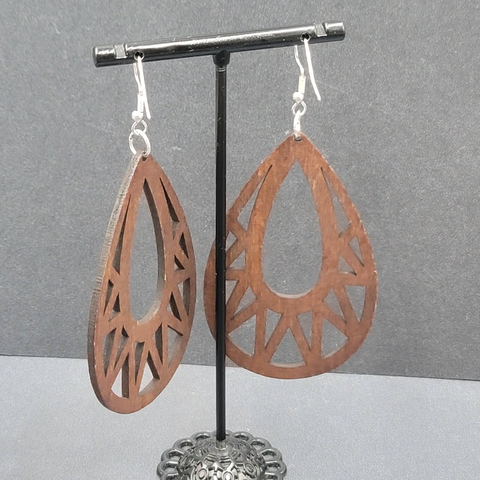 Boho Wood Pierced Earrings Laser Cut Open Teardrop 2.5"
