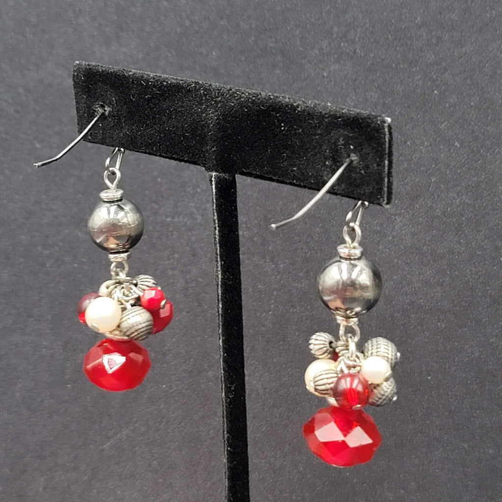 Pierced Earrings Silver tone Red Gray White Black Bead Dangle 1.5"