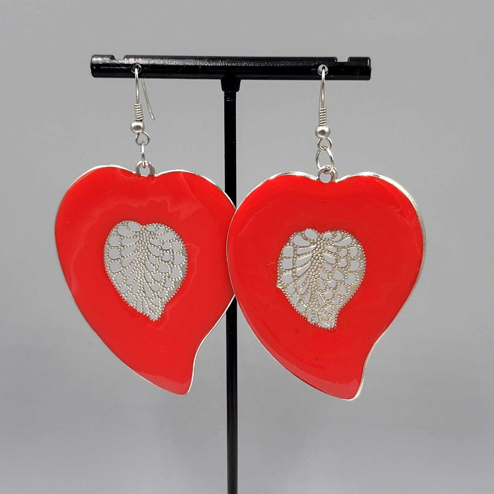 Large Statement Pierced Earrings Red Enamel Silver tone Filigree Dangle 2.25"