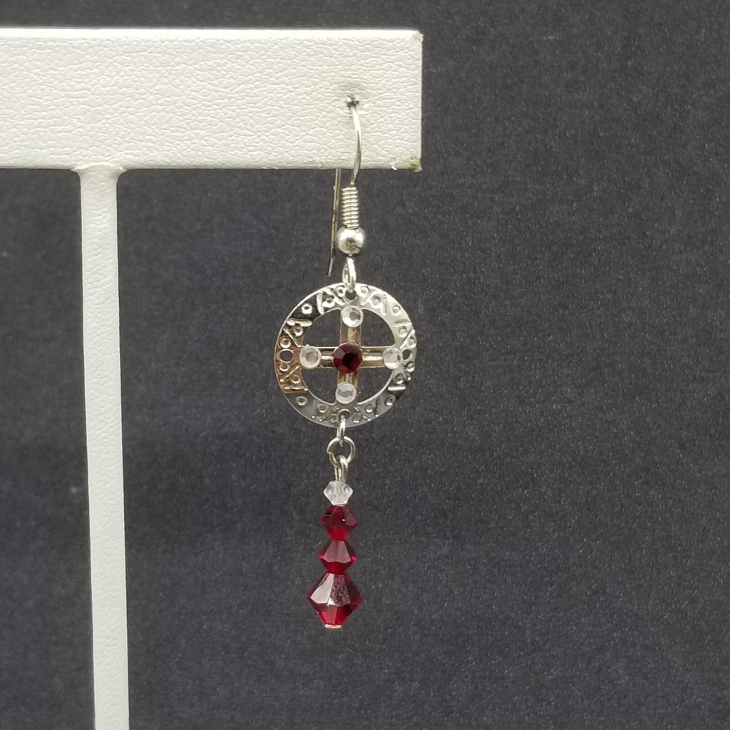 Pierced Earrings Silver tone Open Work Red Crystal Bead Statement Dangle 1 1/2"
