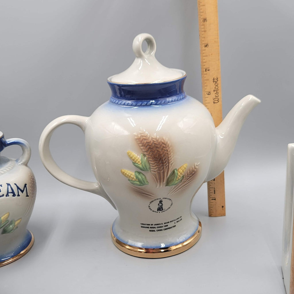 Jim Beam Tea Pot Napkin Holder and  2 Vases Corn Blue Set
