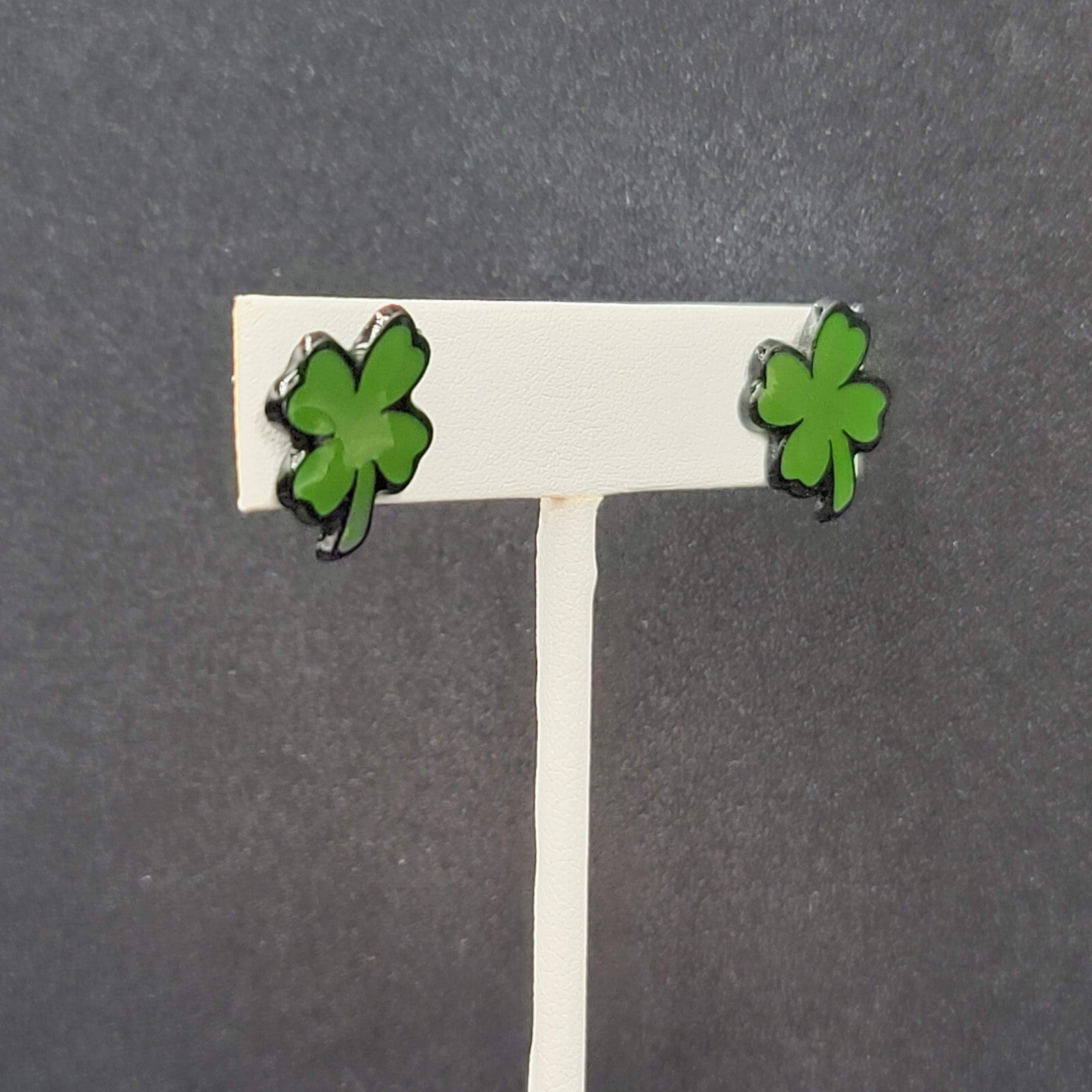 Shamrock Clover Pierced Earrings Green Black Enamel Studs 5/8"