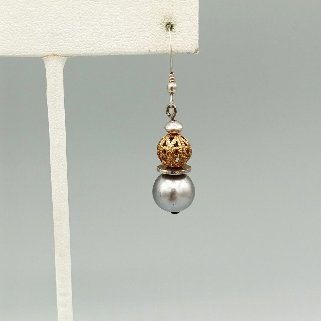 Pierced Earrings Silver tone Faux Silver Pearl Gold tone Filigree Bead Dangle 1"