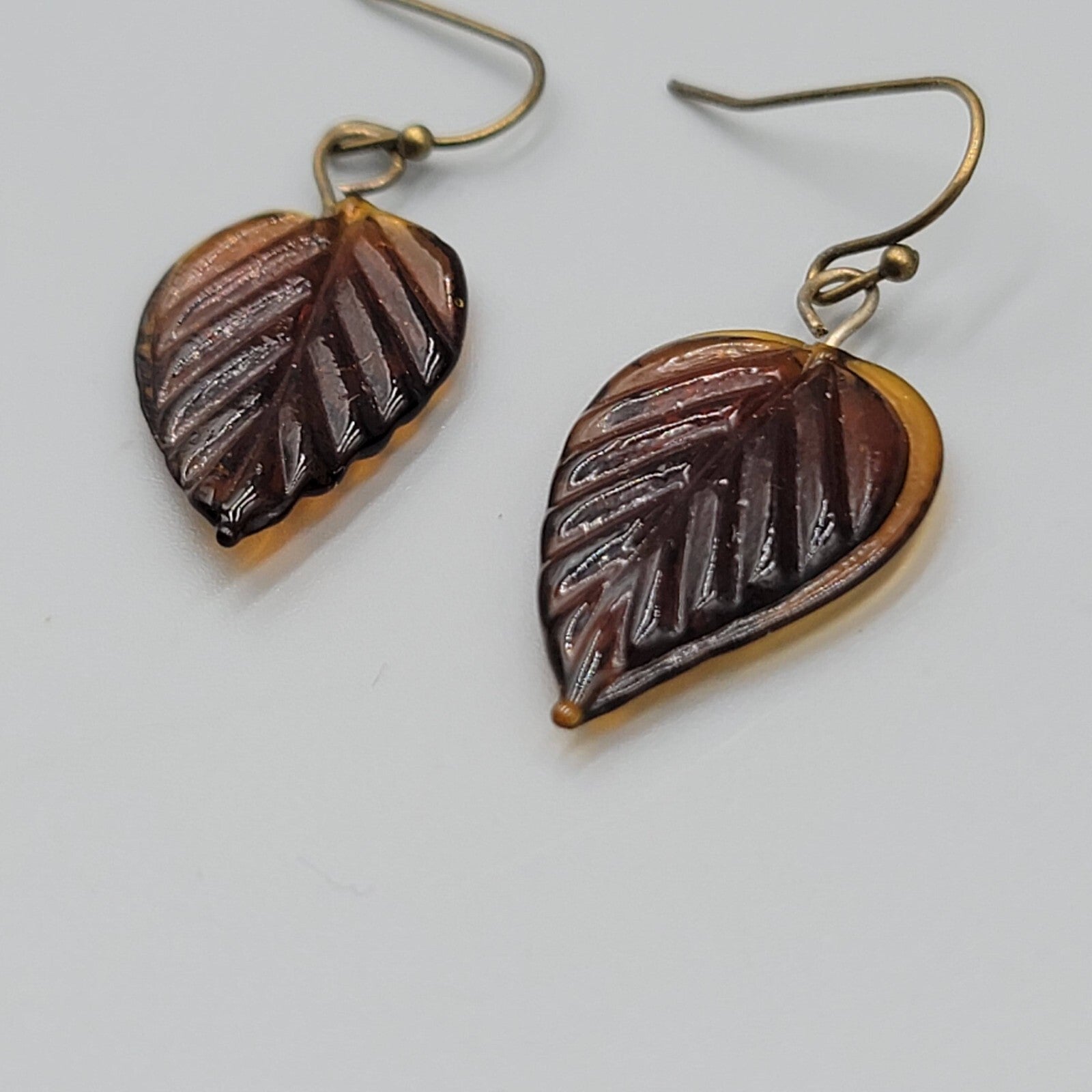 Pierced Earrings Brown Glass Leaf Dangle Bronze tone 1"