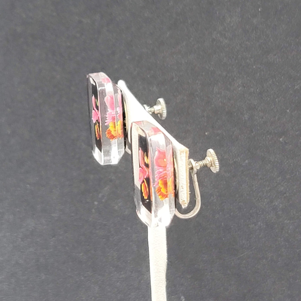 Vintage Clip on Earrings Reverse Carved Lucite Flower Drop 7/8"