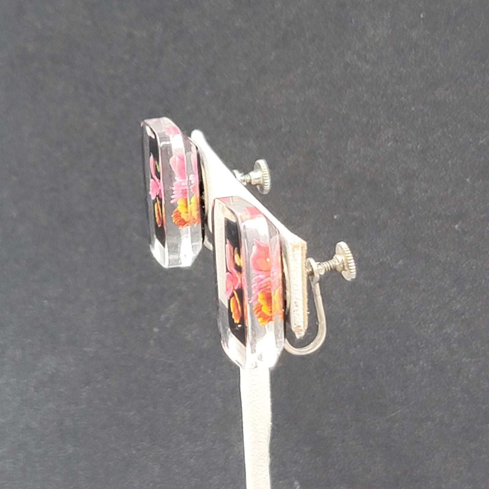 Vintage Clip on Earrings Reverse Carved Lucite Flower Drop 7/8"