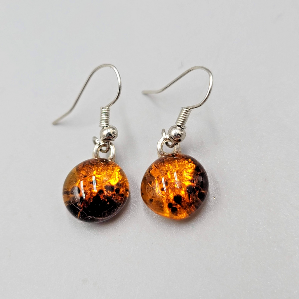 Round Brown Glass Pierced Earrings Silver tone Dainty Dangle 1/2"