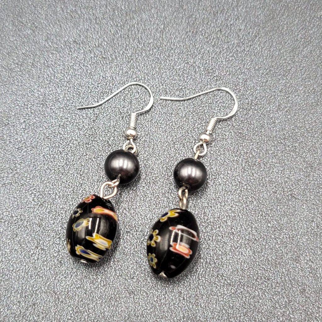 Pierced Earrings Sterling Silver Hooks Black Flower Art Glass Beads 1.25"