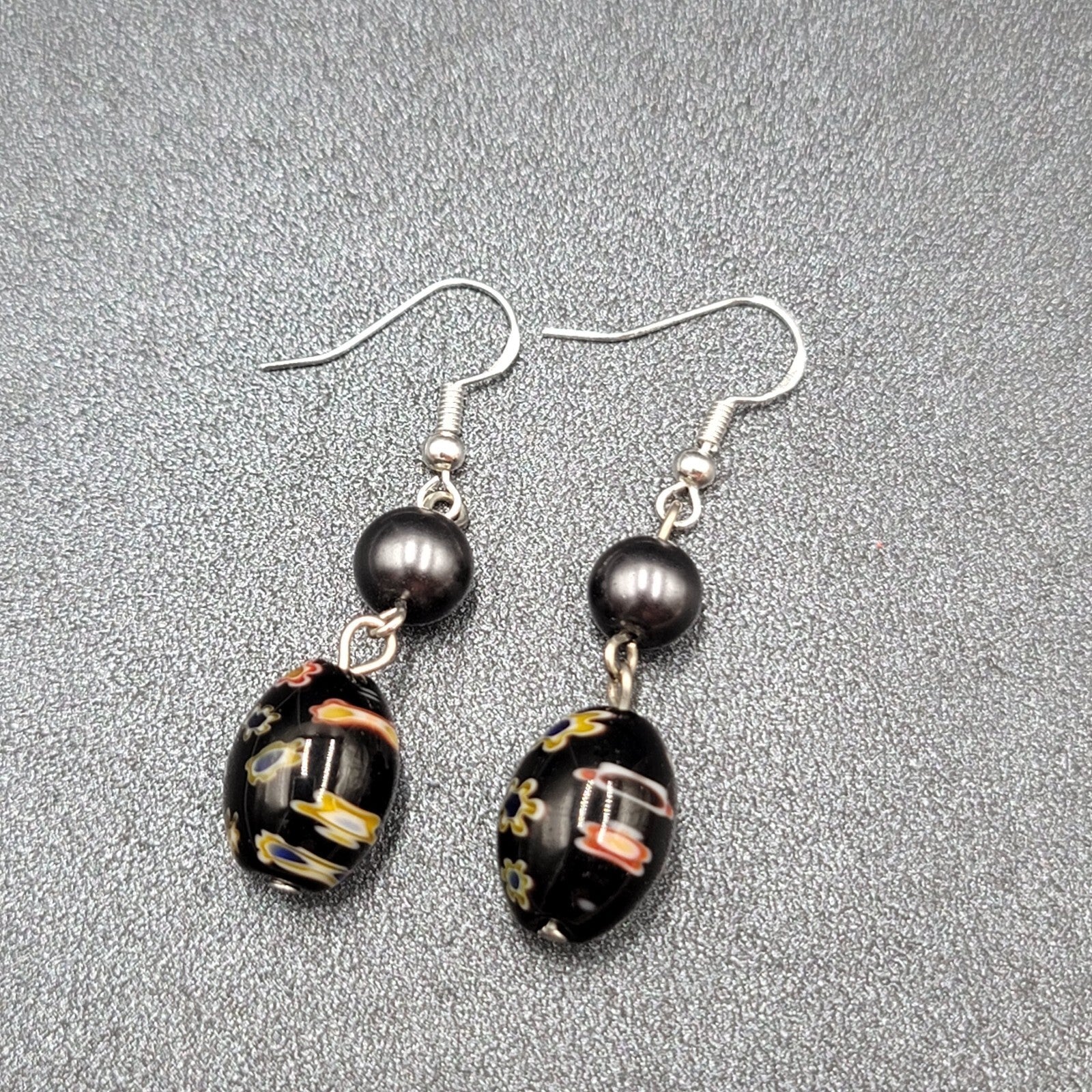 Pierced Earrings Sterling Silver Hooks Black Flower Art Glass Beads 1.25"