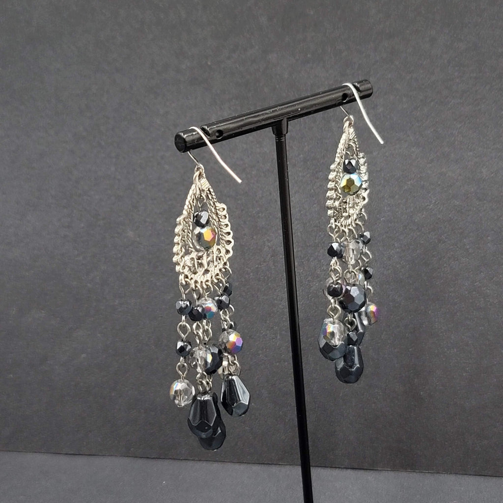 Pierced Earrings Silver tone Black AB Glass Beads Chandelier 3"