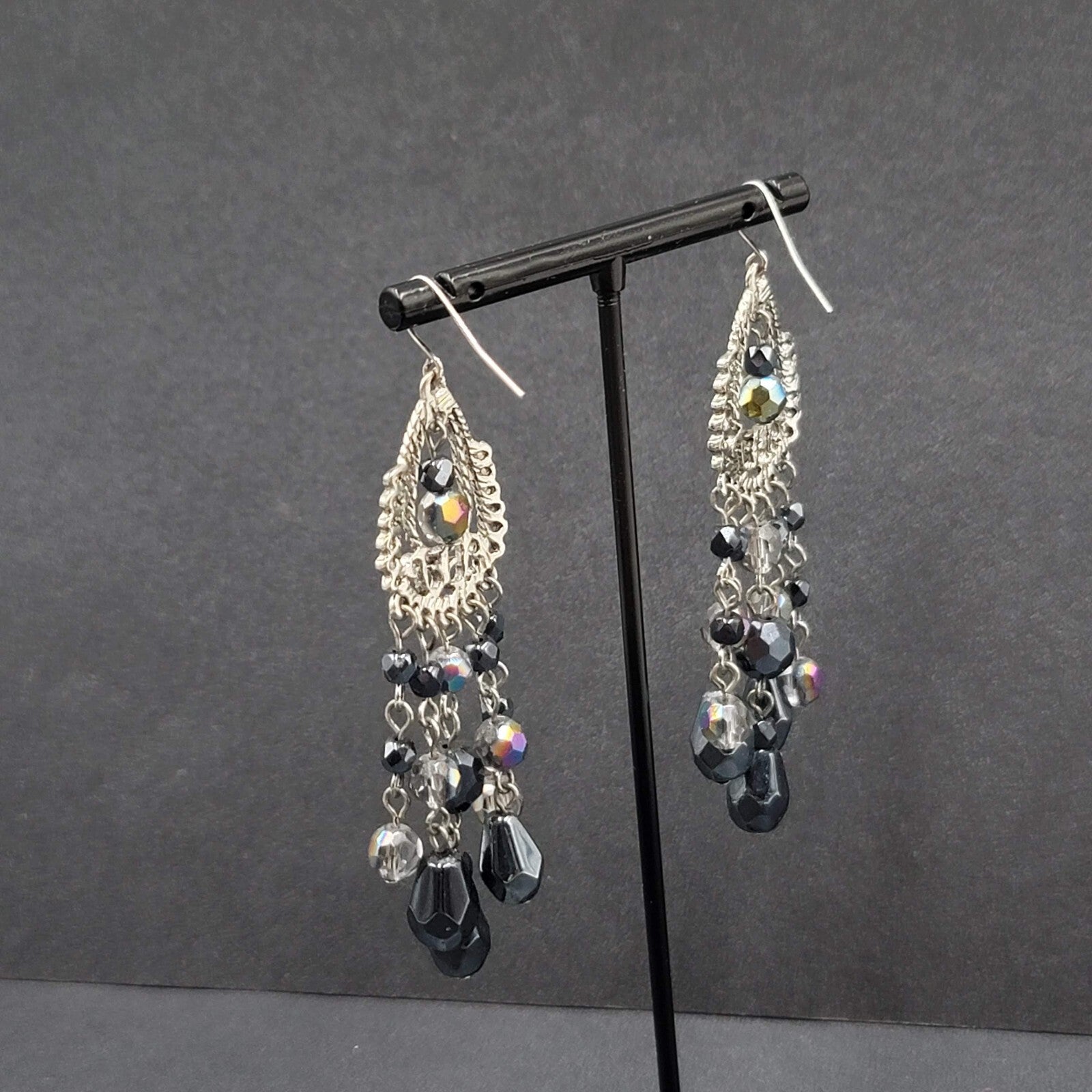 Pierced Earrings Silver tone Black AB Glass Beads Chandelier 3"