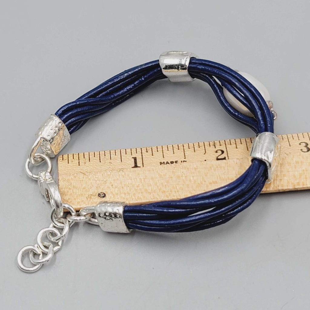Navy Blue Cord Bracelet Imitation Pearl Silver tone 7"