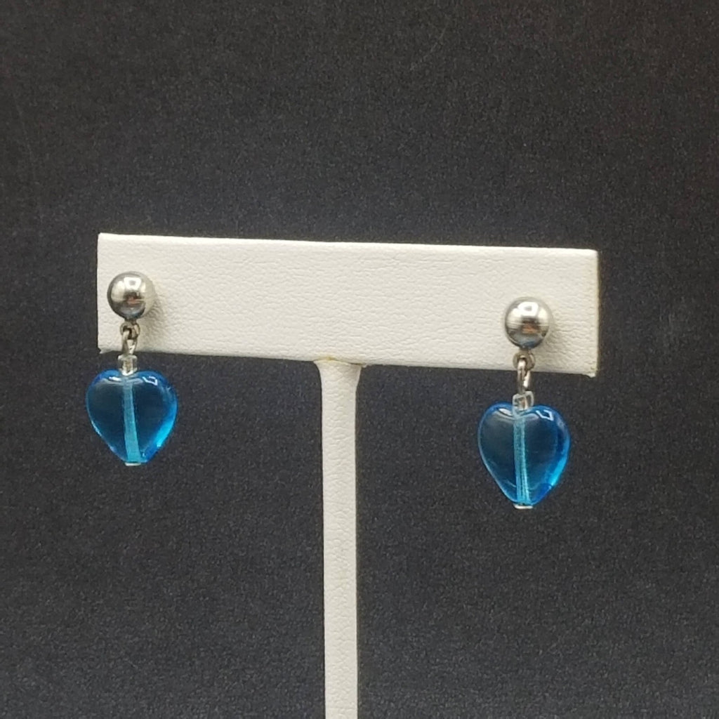 Pierced Earrings Silver tone Blue Crystal Heart Beaded Dangle 1"