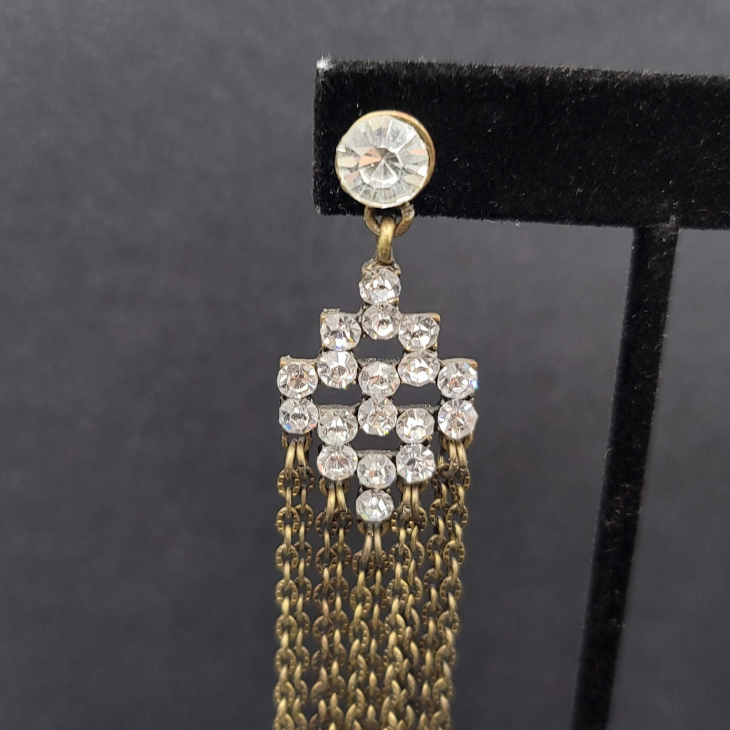 Pierced Earrings Bronze tone Sparkle Rhinestone Chain Dangle Long 4.5"