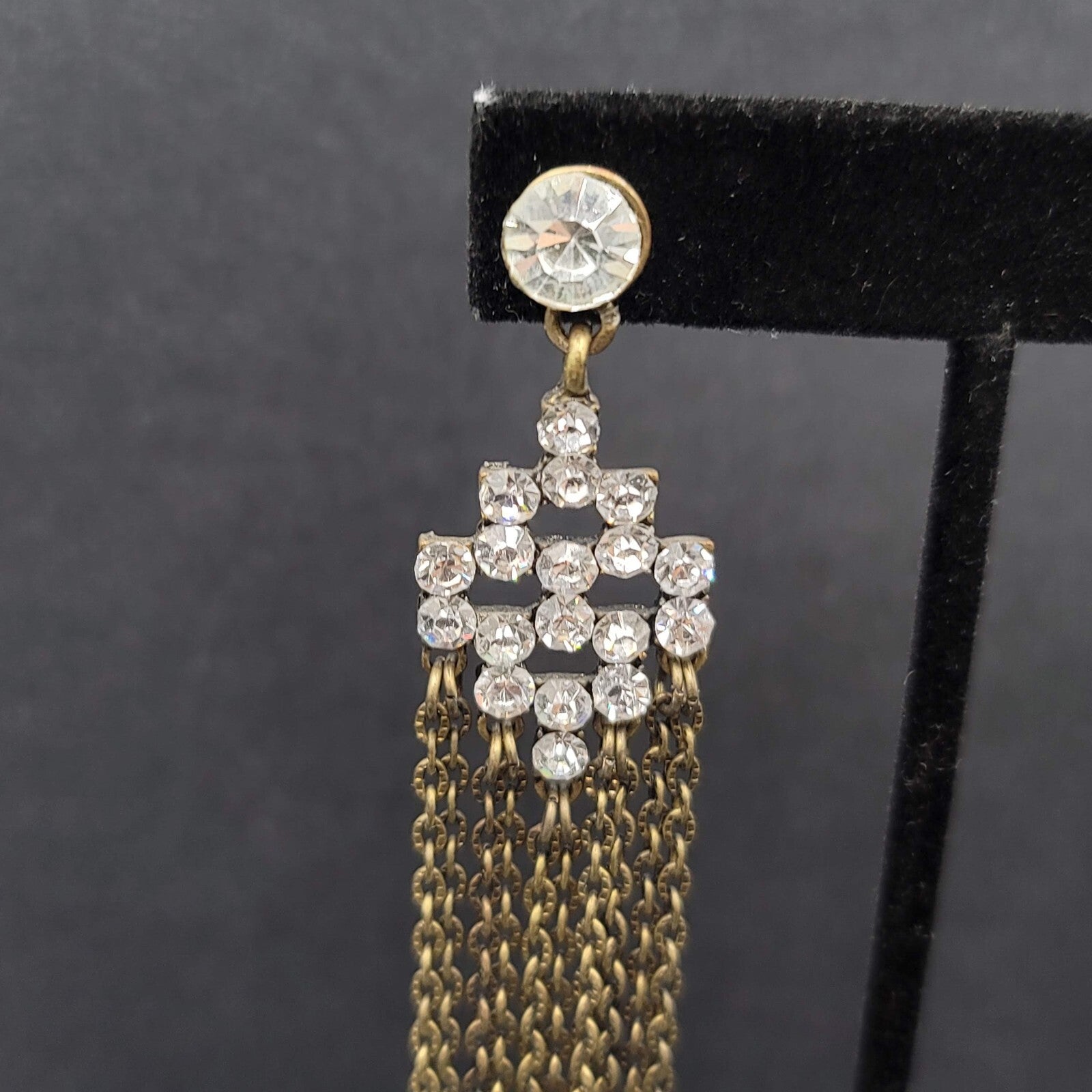 Pierced Earrings Bronze tone Sparkle Rhinestone Chain Dangle Long 4.5"
