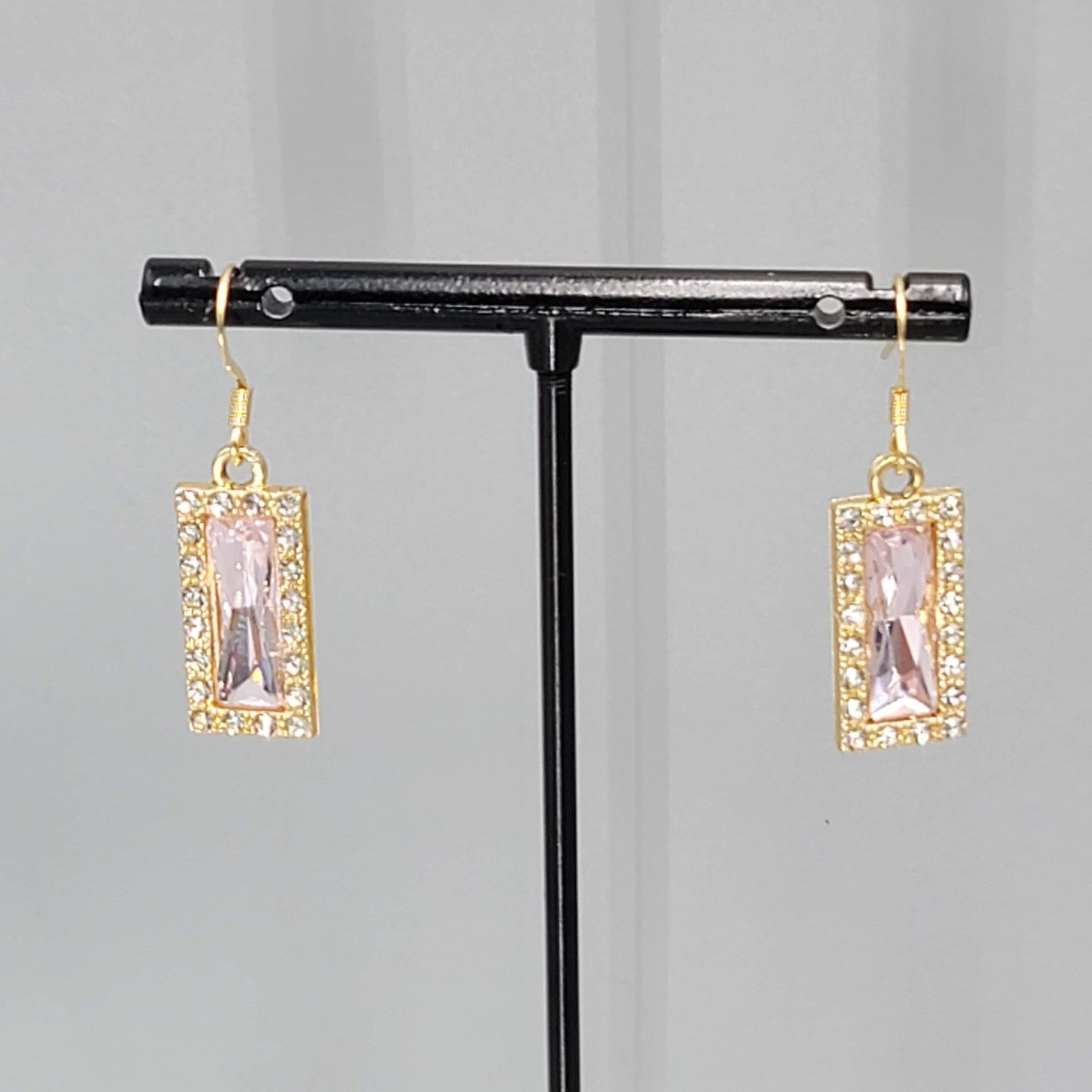 Pale Pink Rhinestone Rectangle Pierced Earrings Gold tone Dangle 7/8"