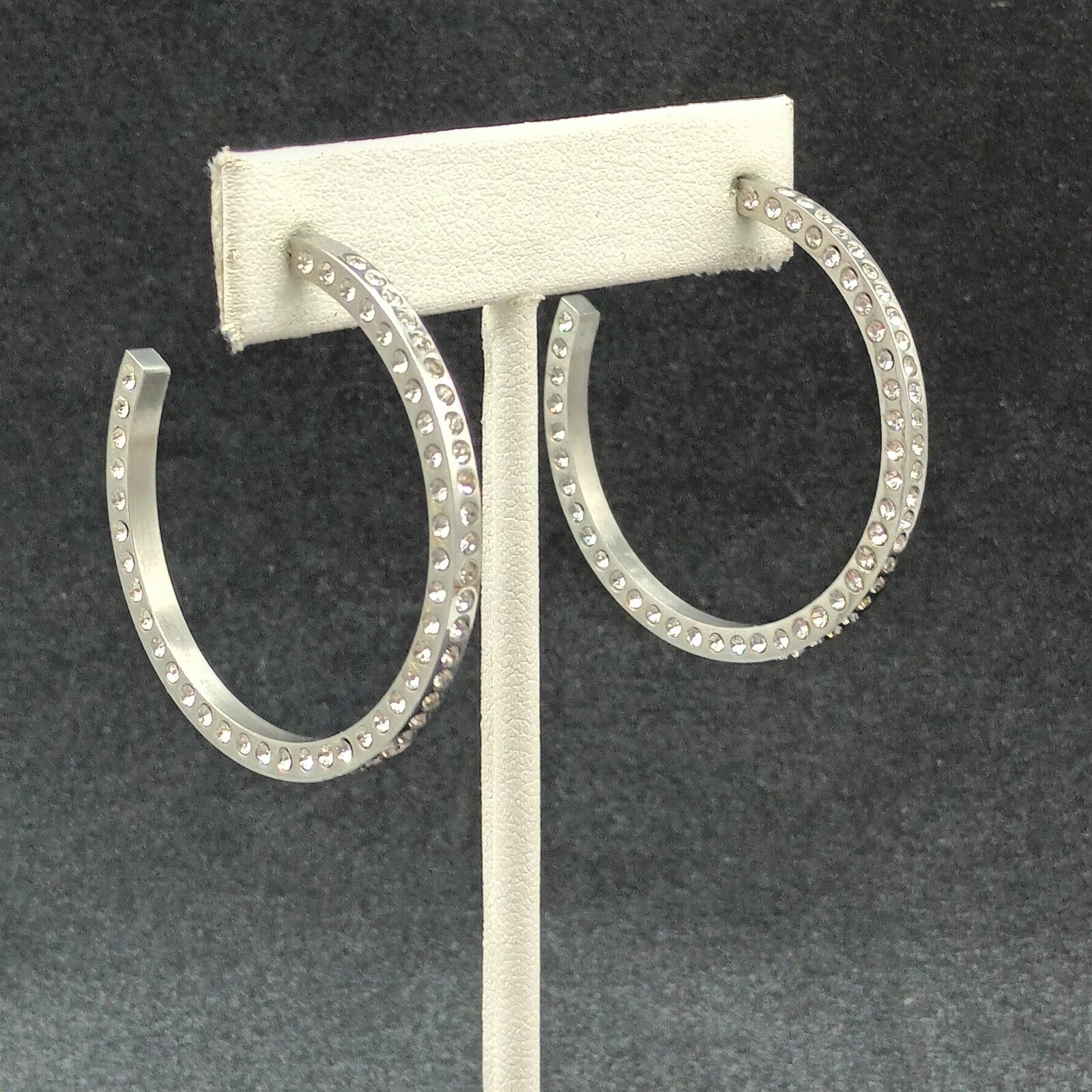 Pierced Earrings Silver tone Rhinestone Studded Statement Hoop 1 5/8"