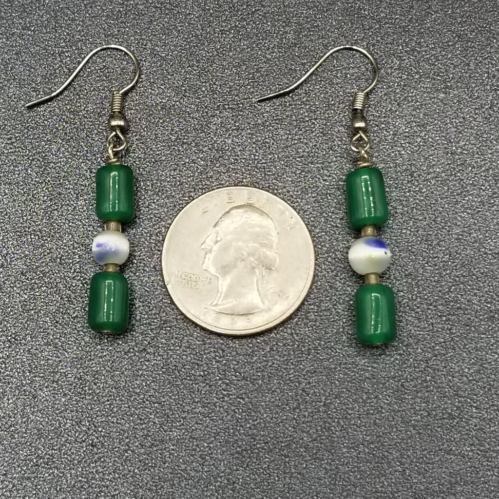 Pierced Earrings Silver tone Green Stone White Cats Eye Beaded Dangle 1"