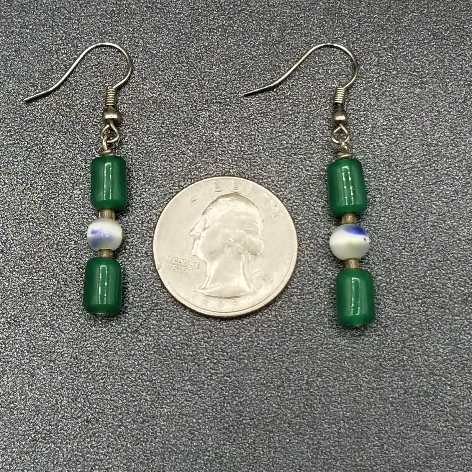 Pierced Earrings Silver tone Green Stone White Cats Eye Beaded Dangle 1"