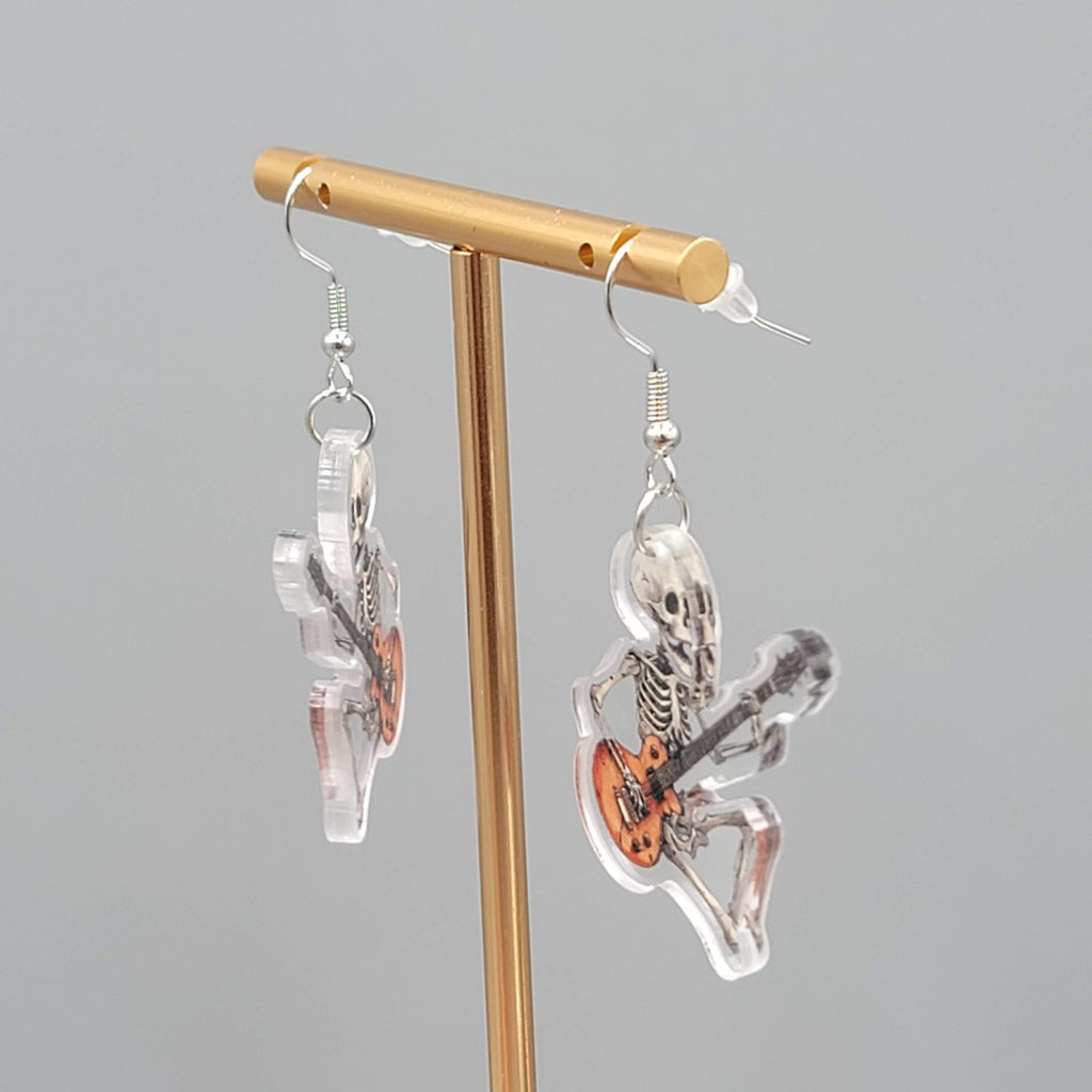 Halloween Skeleton Electric Guitar Pierced Earrings Silver tone Dangle 1.5 in
