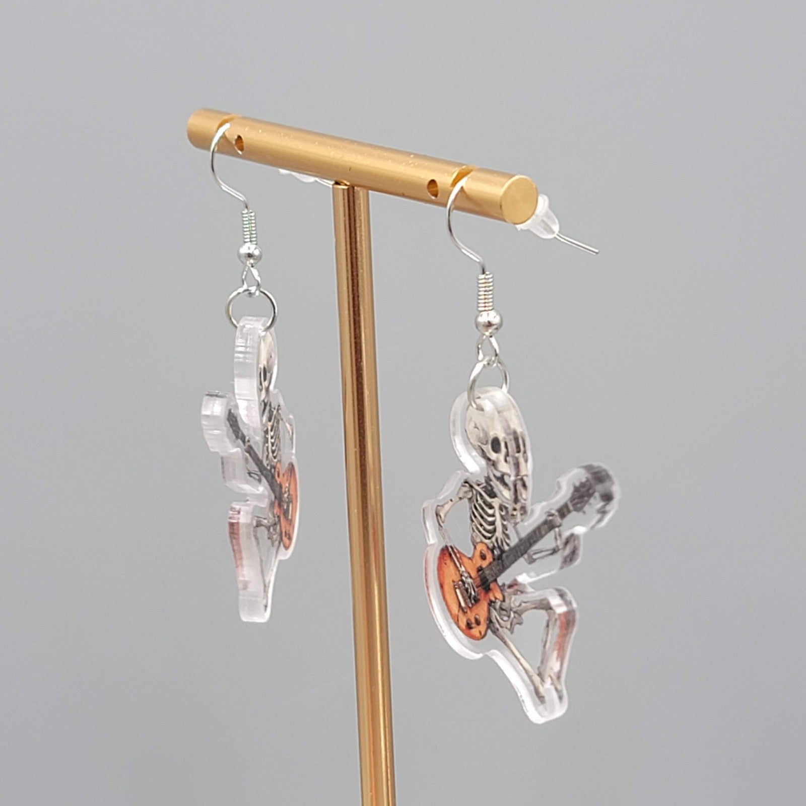 Halloween Skeleton Electric Guitar Pierced Earrings Silver tone Dangle 1.5 in