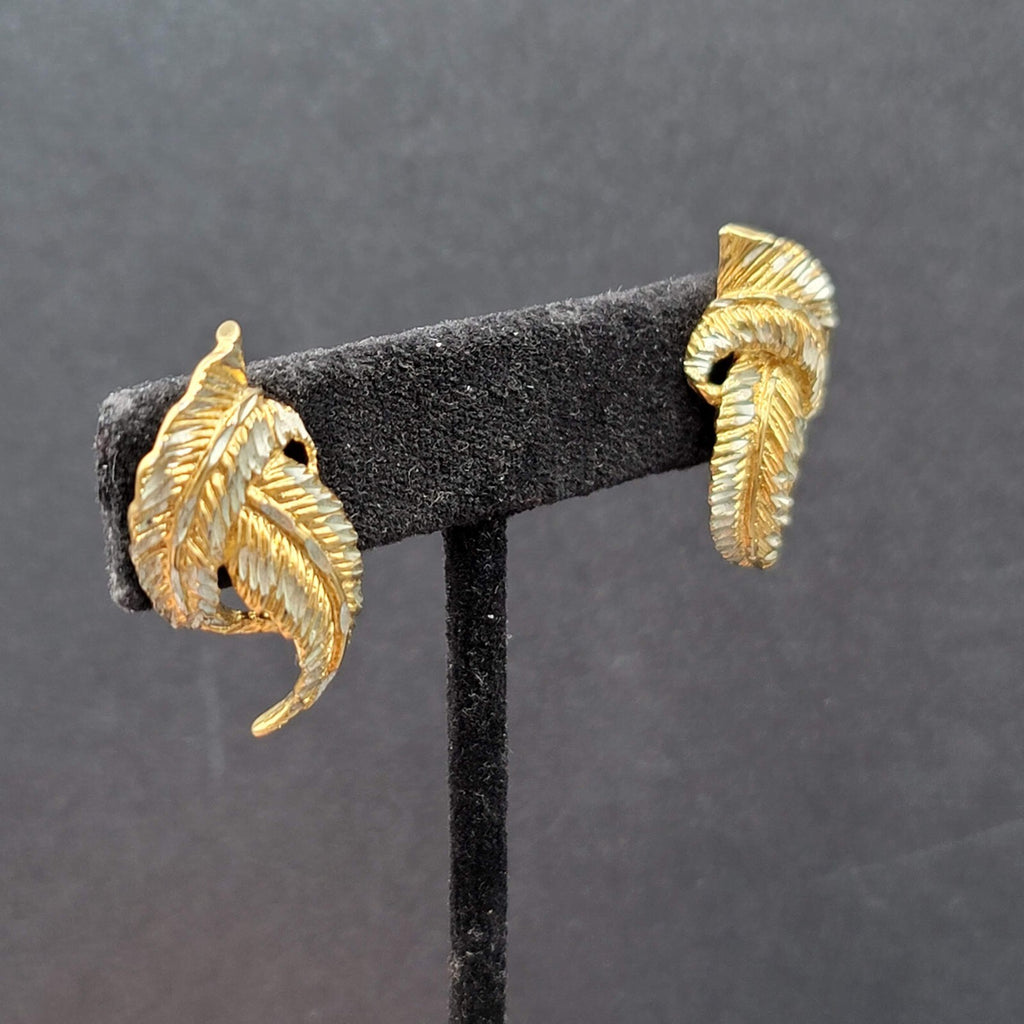 Sterling Silver Pierced Earrings 925 Gold Vermeil 2 Toned Drop Feather  1.25"