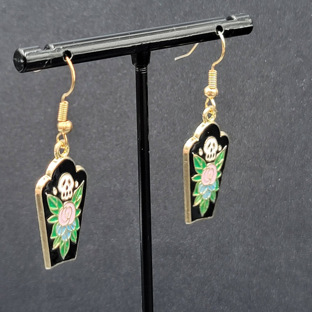 Halloween Coffin Pierced Earrings Skull Enamel Flowers Gold tone Dangle 1"