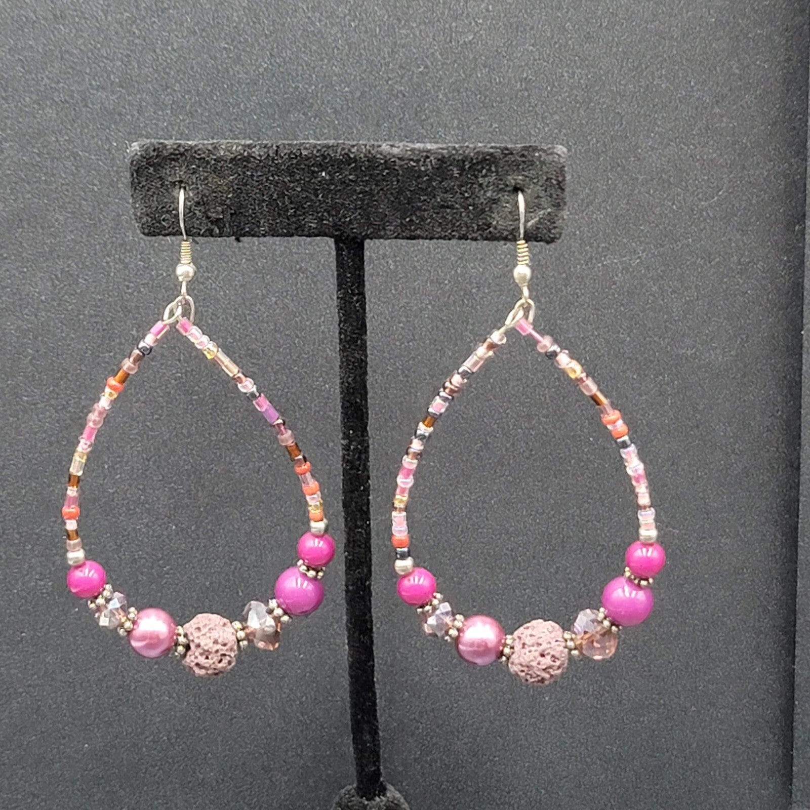 Pierced Earrings Purple Beaded Teardrop Hoops  2.5"