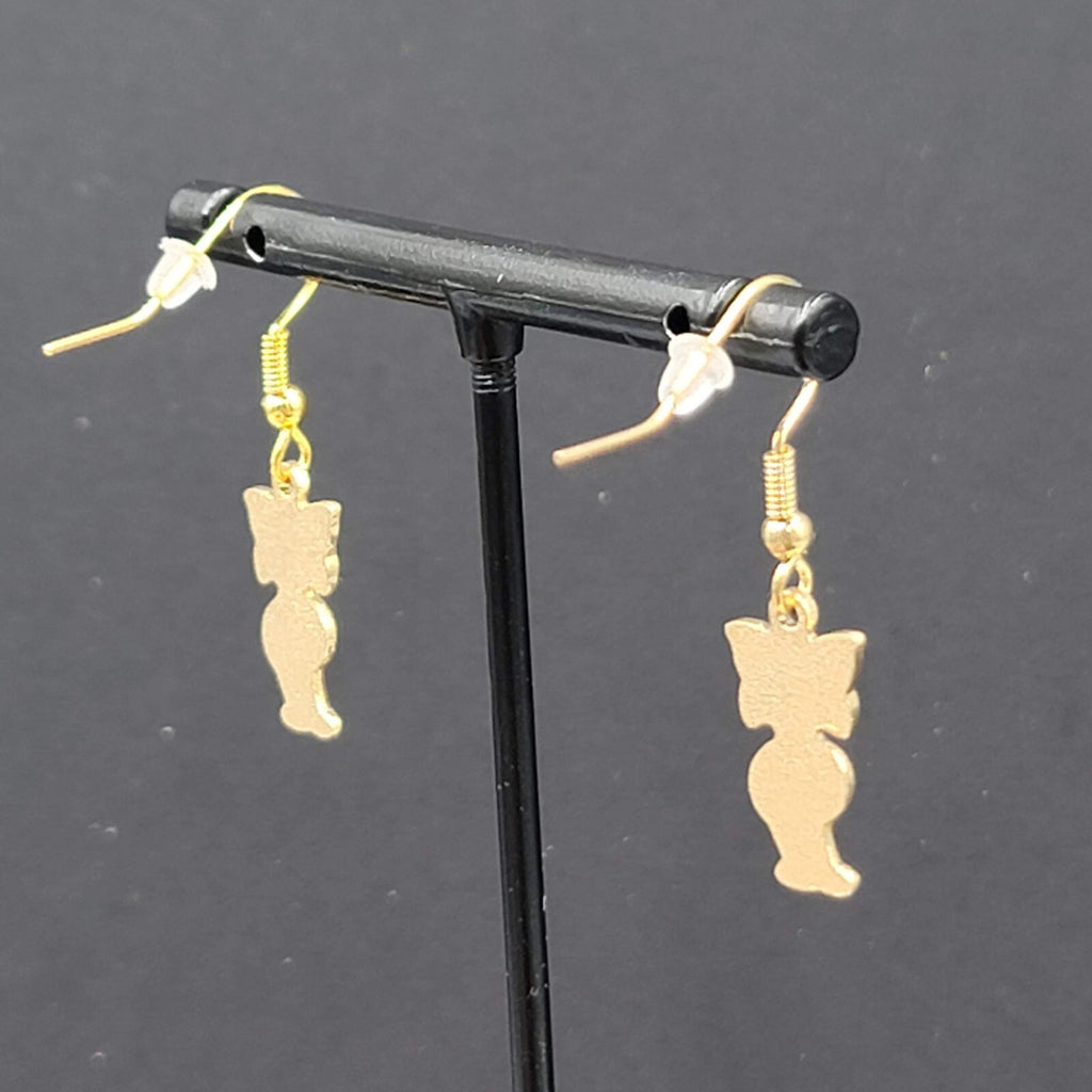 Cat Pierced Earrings Gold tone Black Enamel Dangle 3/4"