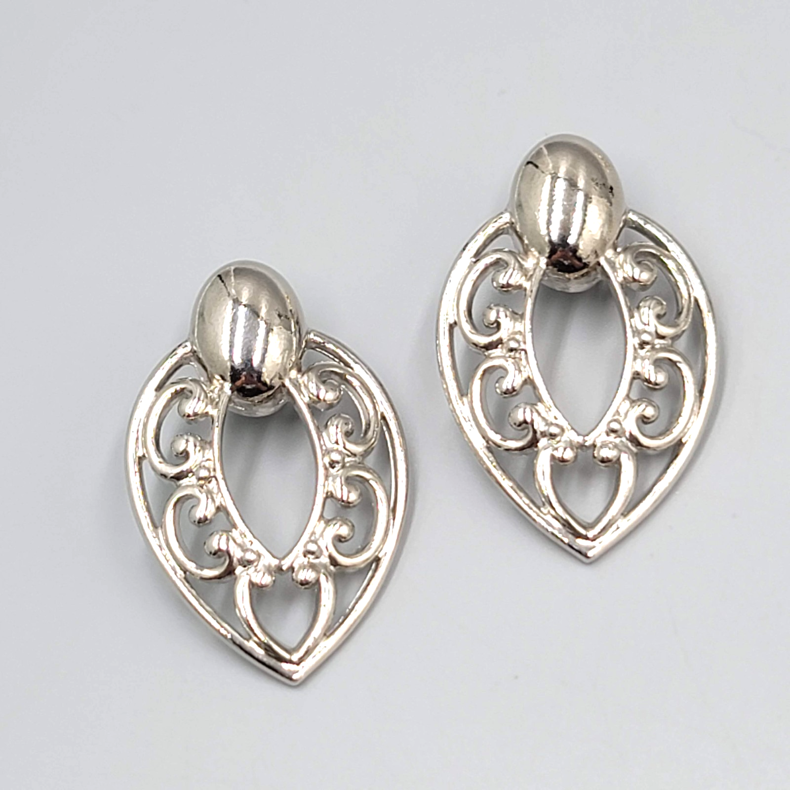 Vintage Silver Plated Door Knocker Drop Pierced Earrings Open Work 1.75"